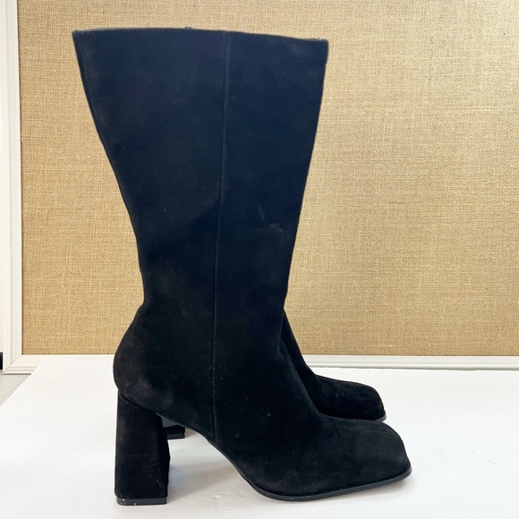 Chinese Laundry Black Suede Chunky Block Heel Calf Length Boots Size 8 - Picture 3 of 11